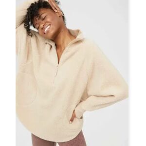Aerie Offline Oversized Sherpa Quarter Zip in Soft Oat | Womens Size Small